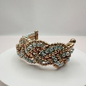 Vintage 90s Gold Tone Blue Faux Pearl Beaded Cuff Bracelet Boho Statement